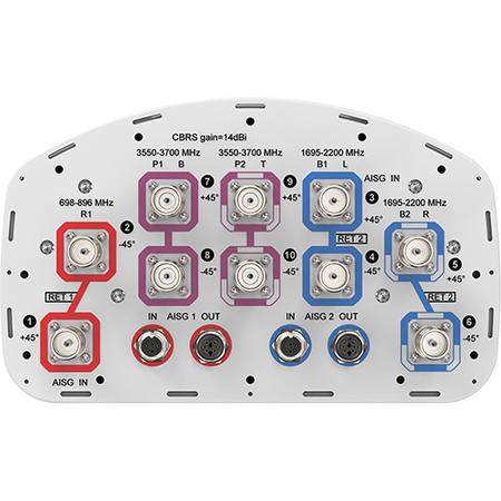 2x 698 - 896, 4x 1695 - 2200, 4x 3550 - 3700 MHz Sector Antenna with 10x 4.3-10 Female Connectors