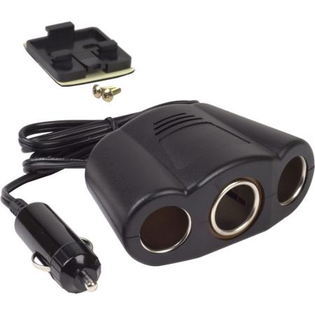 3 Socket Cigarette Lighter Adapter in Black, 3 ft cord, 2 A, 12 V